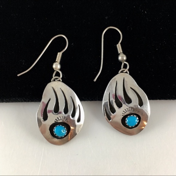 Silver Turquoise Bear Claw Earrings Santa Fe NA - Picture 6 of 6